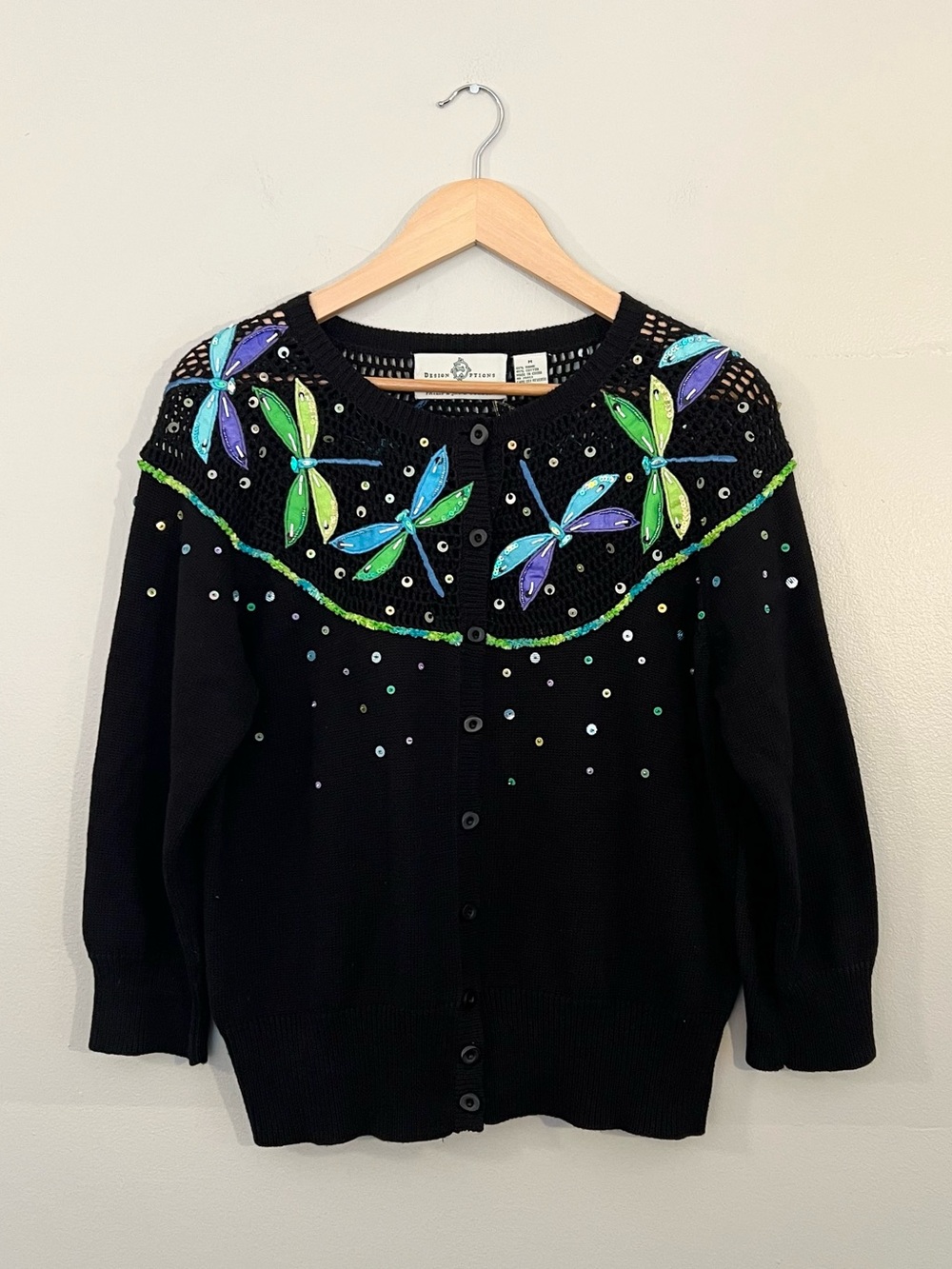 Vintage Design Options black dragonfly sequin embellished cardigan 2000’s Whimsy